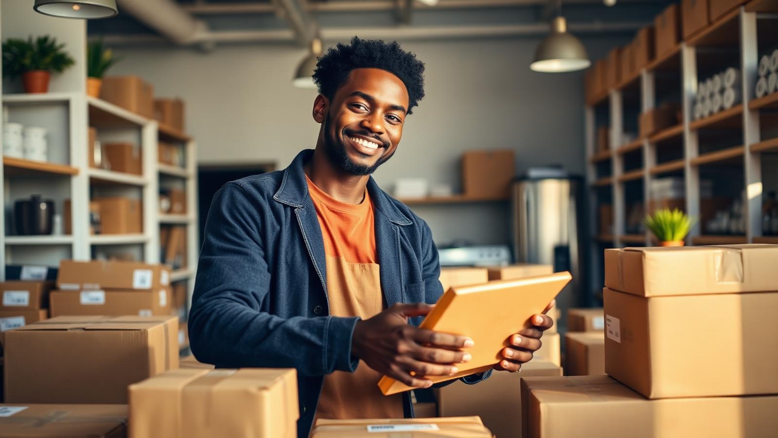 Seller packing customer orders in a small shop